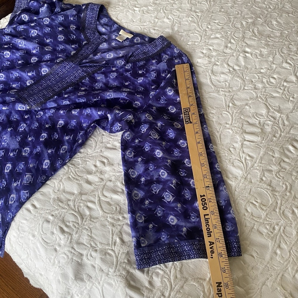 Chicos L Sheer Blue Artsy Sequin V-neck 3/4 Sleeve Tunic Blouse Boho Festival - Picture 12 of 13